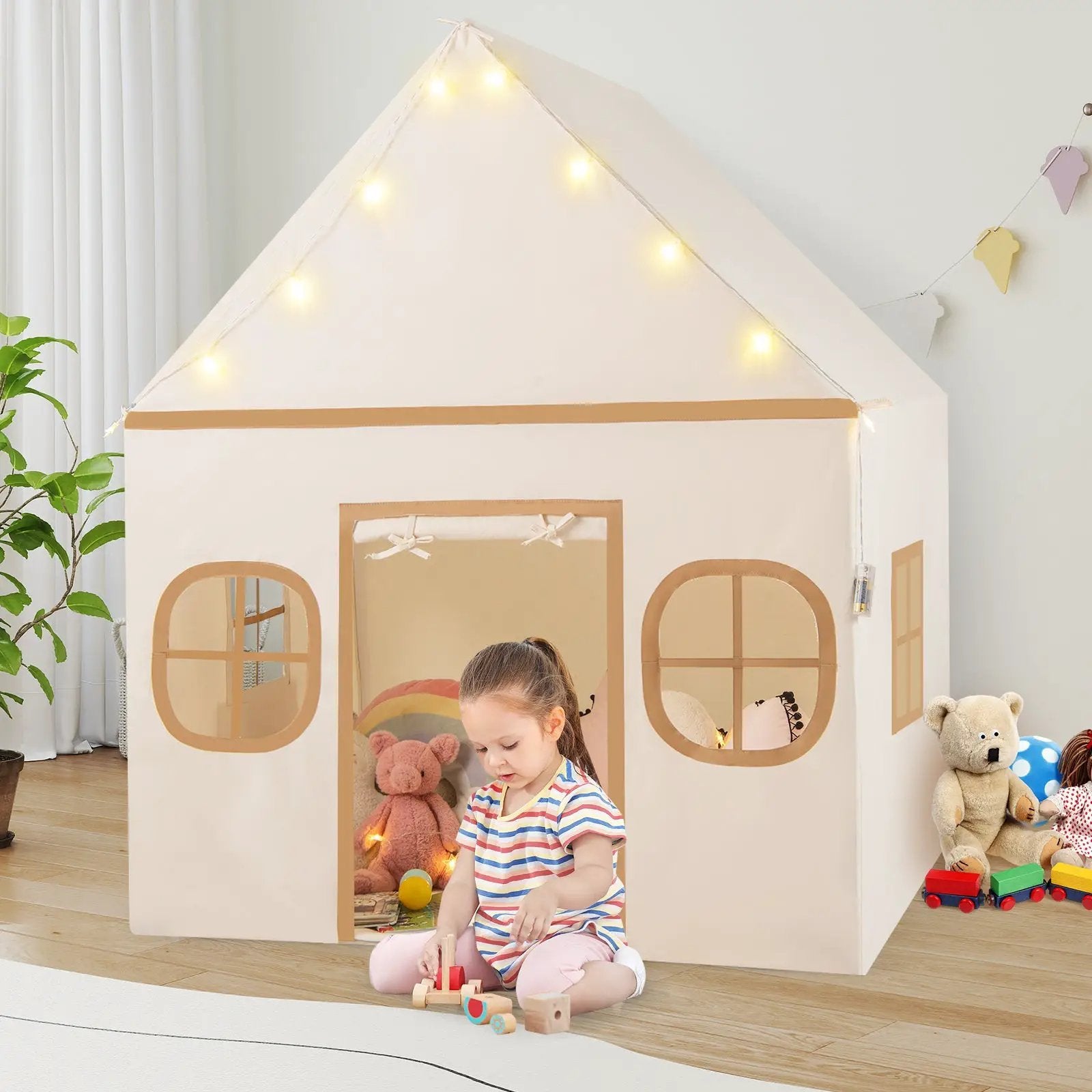 Kids Play Tent Large Playhouse with Door Curtain and Windows Star Lights by DirectDeals
