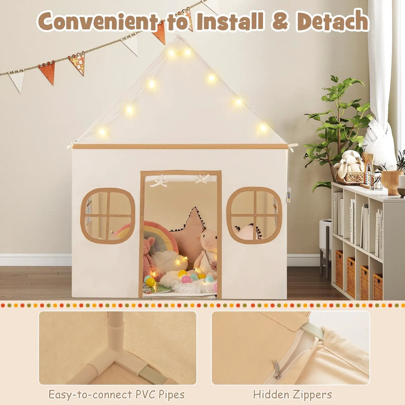Kids Play Tent Large Playhouse with Door Curtain and Windows Star Lights by DirectDeals