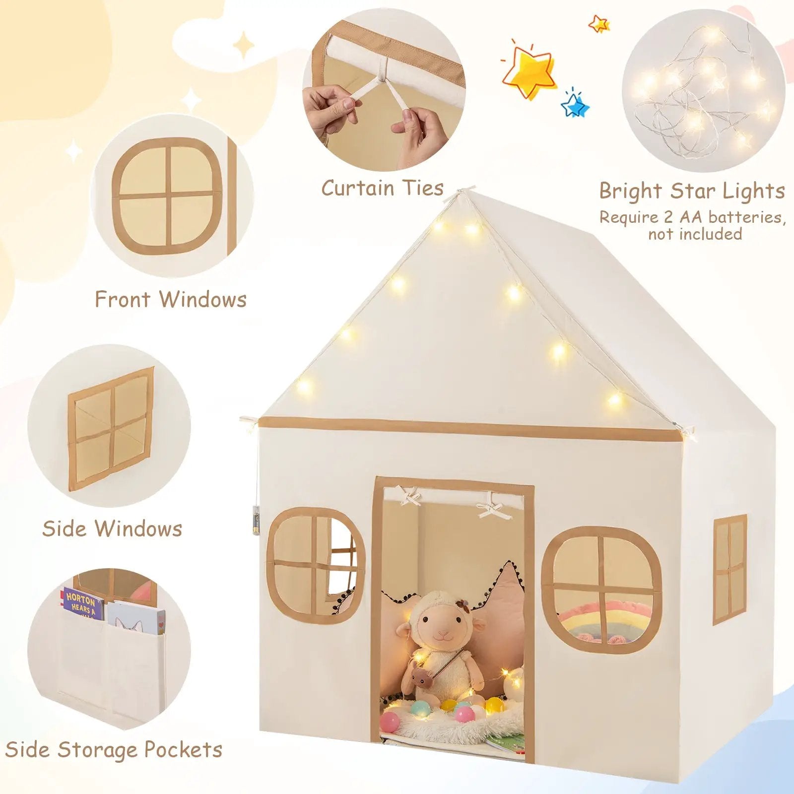 Kids Play Tent Large Playhouse with Door Curtain and Windows Star Lights by DirectDeals