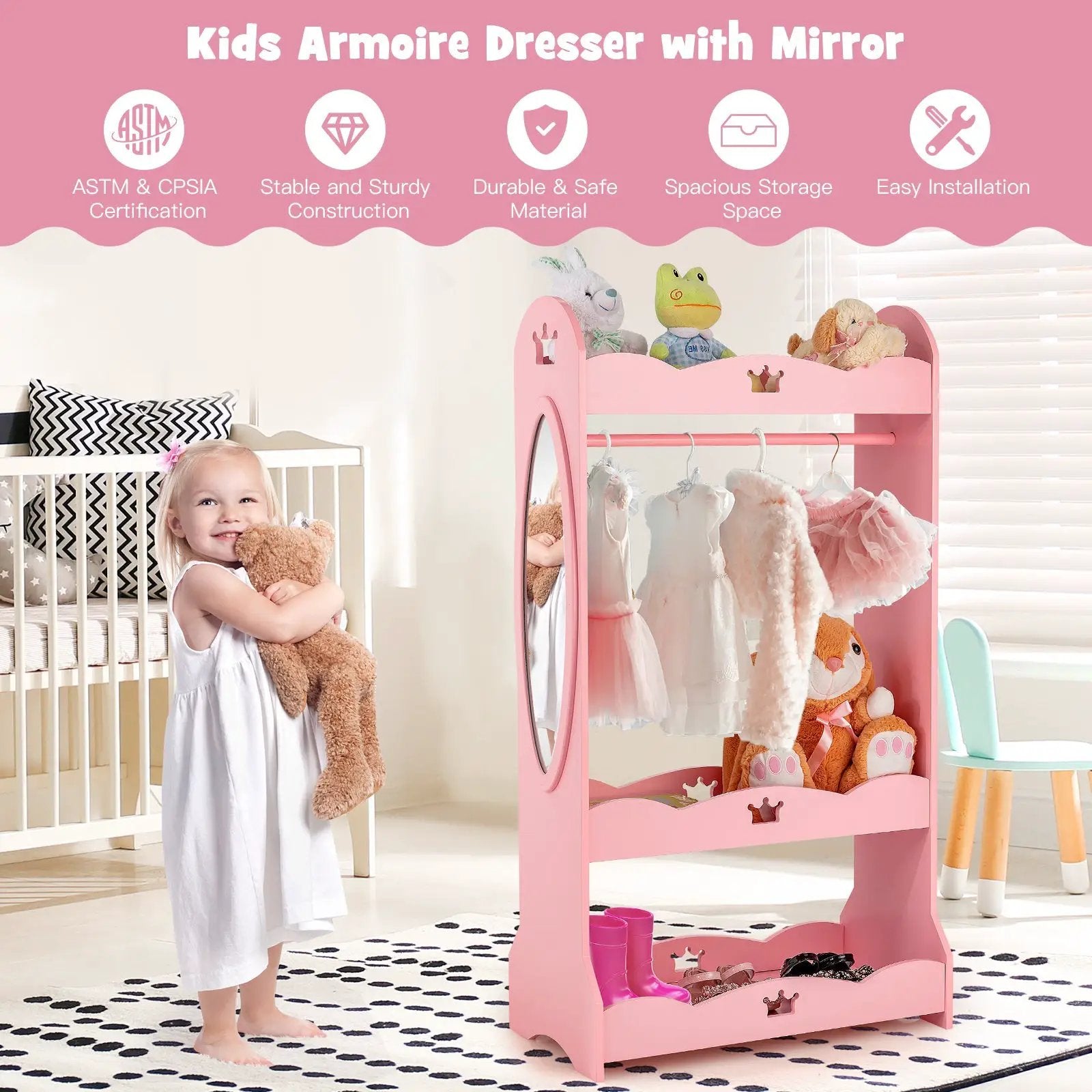 Kids Pretend Costume Closet with Mirror-Pink by DirectDeals