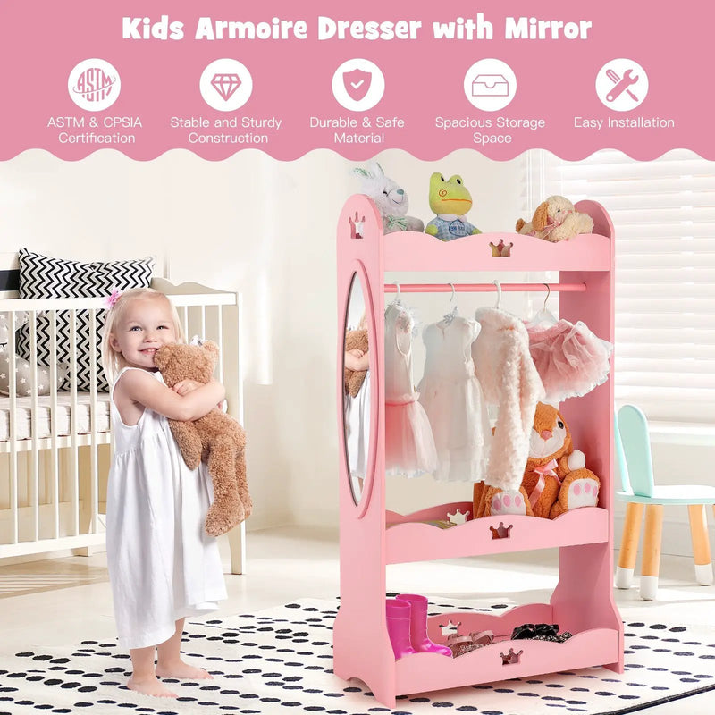 Kids Pretend Costume Closet with Mirror-Pink by DirectDeals