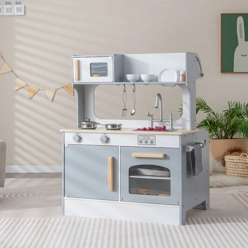 Double Sided Kids Pretend Kitchen Playset with 2-Seat Cafe-Gray by DirectDeals