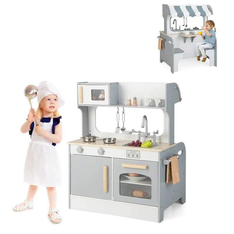 Double Sided Kids Pretend Kitchen Playset with 2-Seat Cafe-Gray by DirectDeals