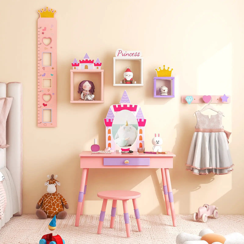 Kids Princess Vanity Table and Stool Set with Drawer and Mirror-Pink by DirectDeals