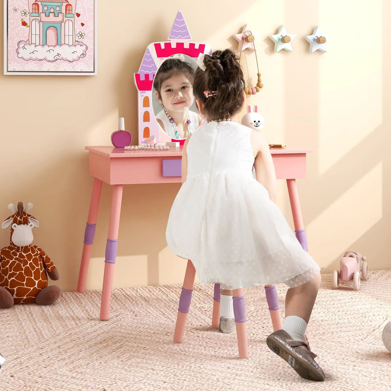 Kids Princess Vanity Table and Stool Set with Drawer and Mirror-Pink by DirectDeals