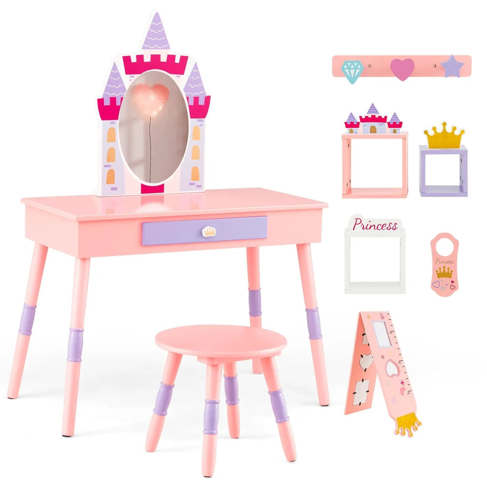 Kids Princess Vanity Table and Stool Set with Drawer and Mirror-Pink by DirectDeals