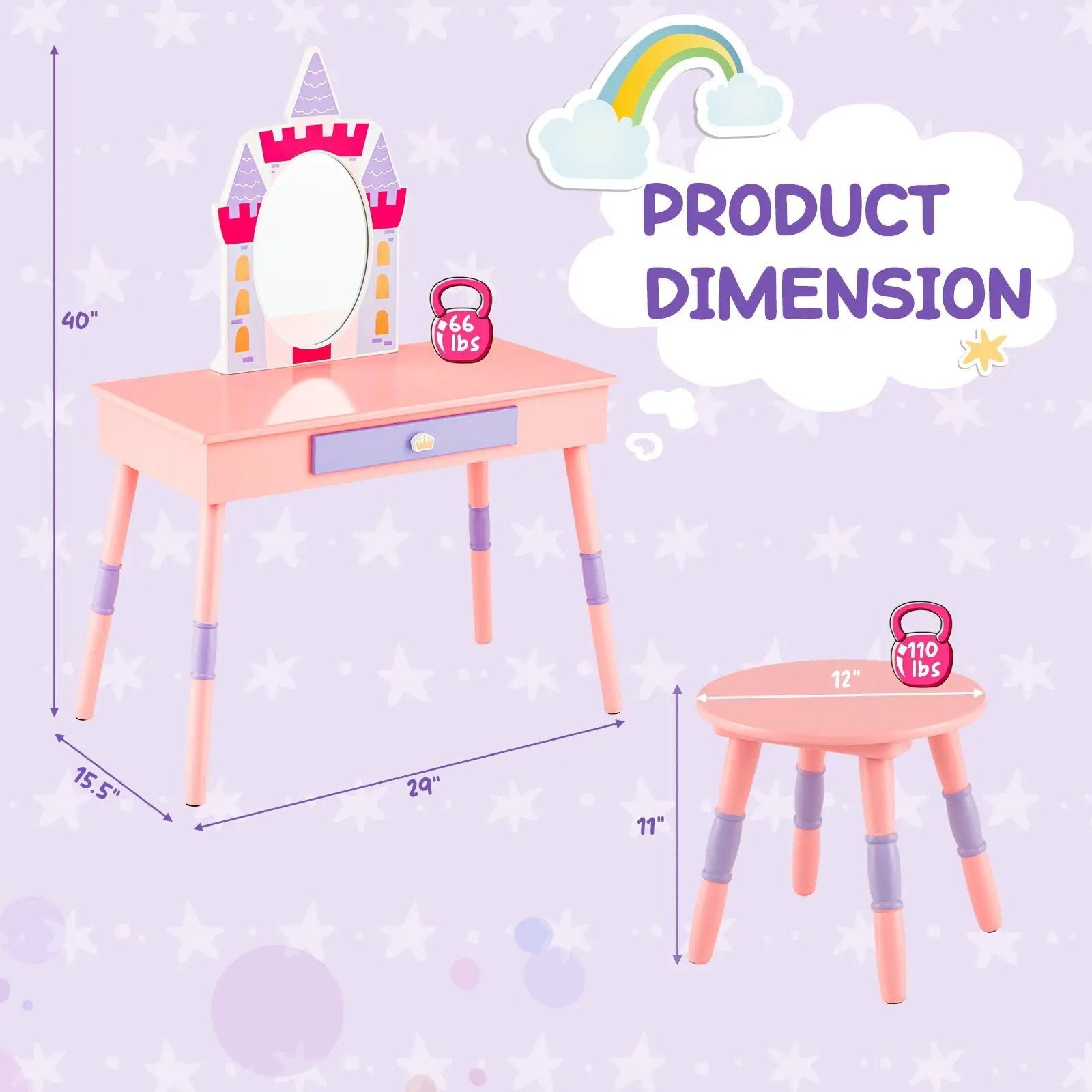 Kids Princess Vanity Table and Stool Set with Drawer and Mirror-Pink by DirectDeals