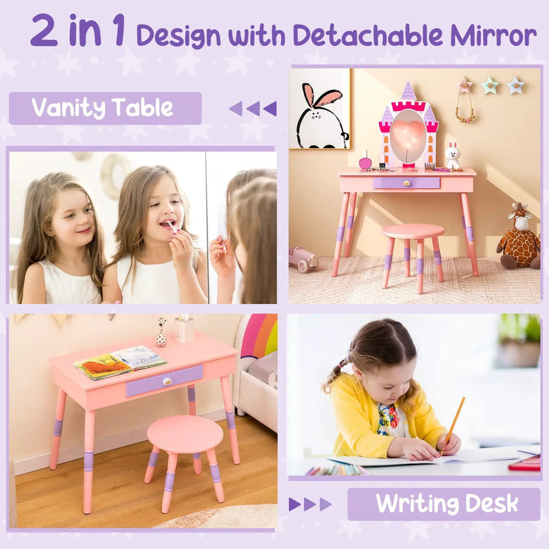 Kids Princess Vanity Table and Stool Set with Drawer and Mirror-Pink by DirectDeals