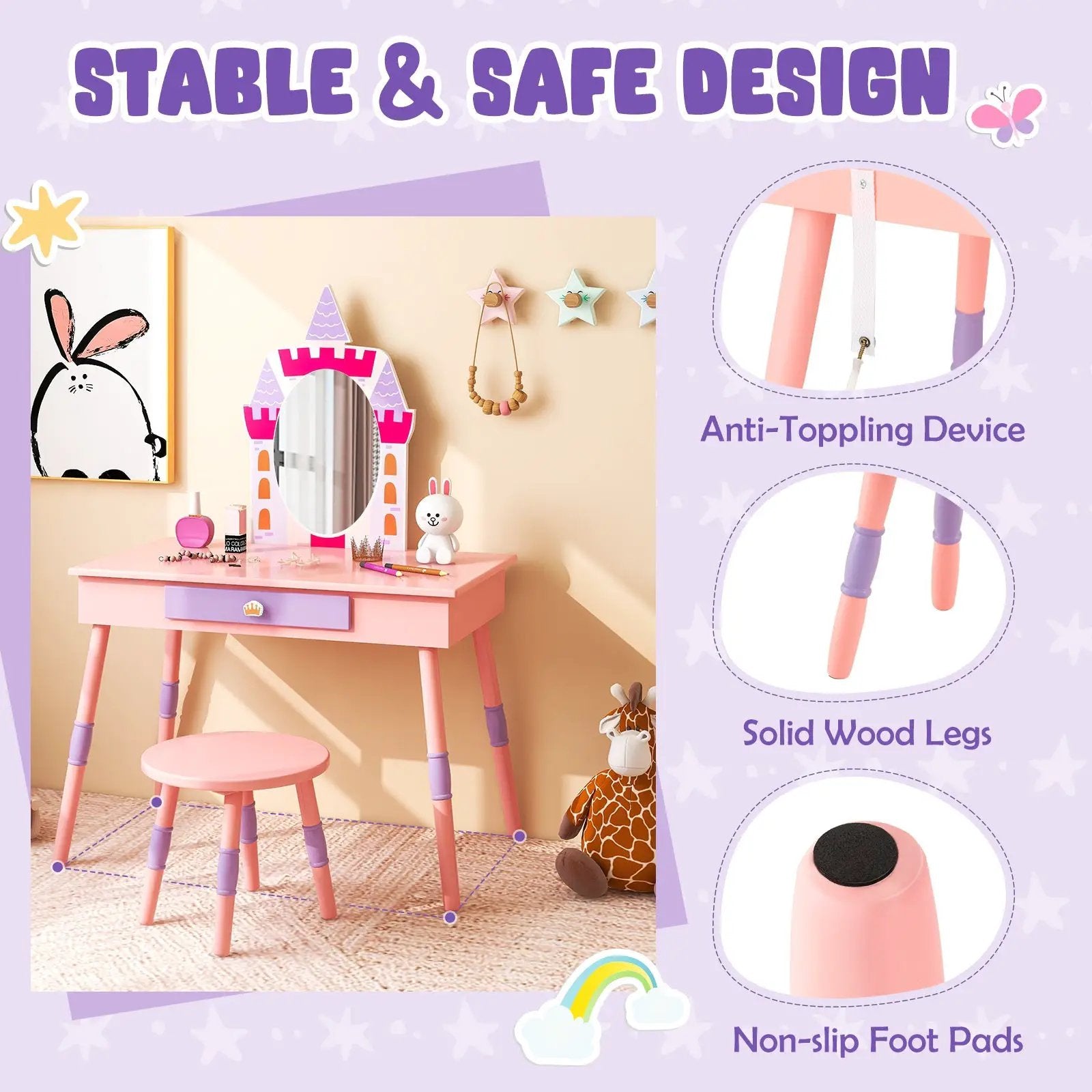 Kids Princess Vanity Table and Stool Set with Drawer and Mirror-Pink by DirectDeals
