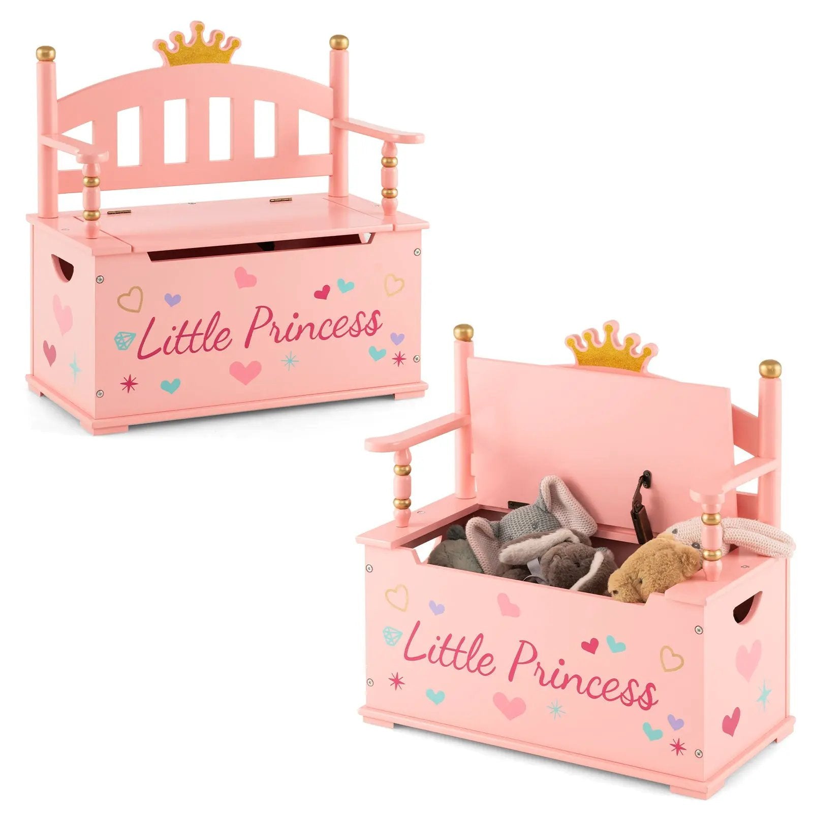 2-In-1 Kids Princess Wooden Toy Box with Safe Hinged Lid-Pink by DirectDeals