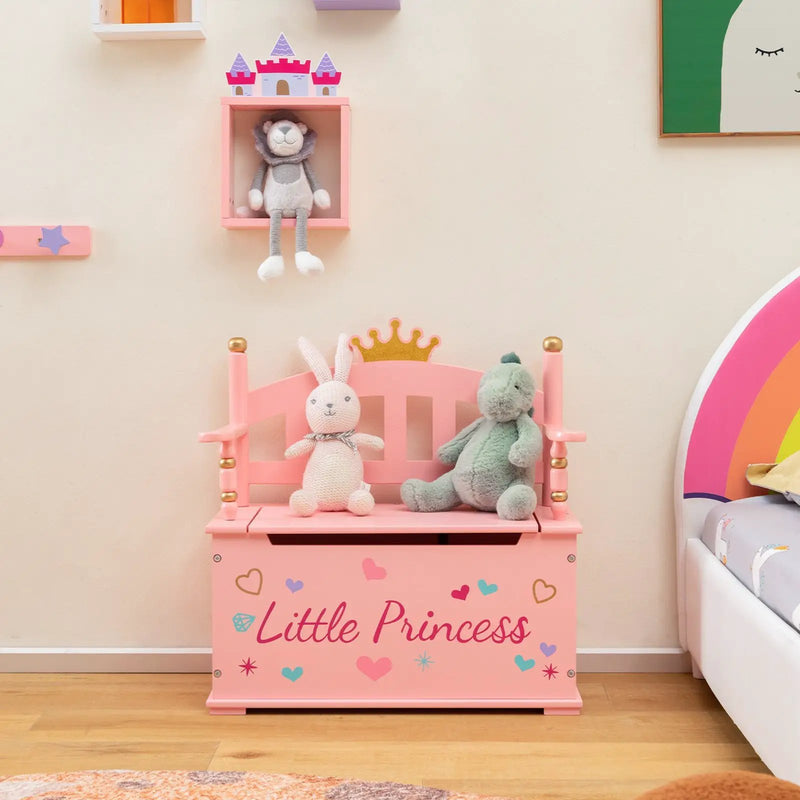 2-In-1 Kids Princess Wooden Toy Box with Safe Hinged Lid-Pink by DirectDeals