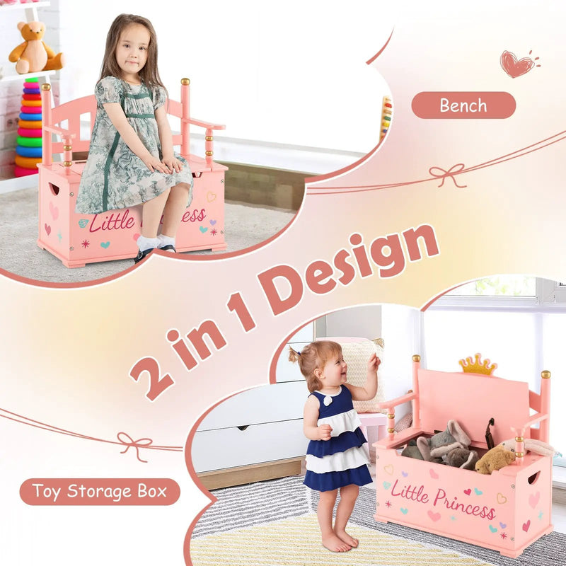 2-In-1 Kids Princess Wooden Toy Box with Safe Hinged Lid-Pink by DirectDeals