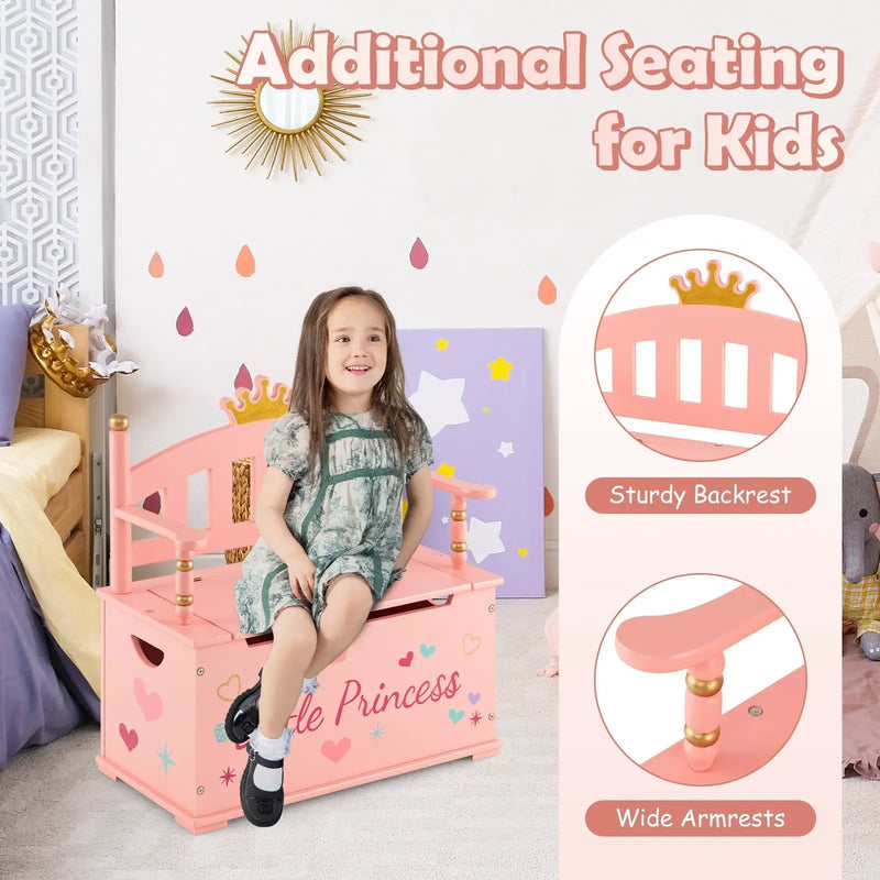 2-In-1 Kids Princess Wooden Toy Box with Safe Hinged Lid-Pink by DirectDeals