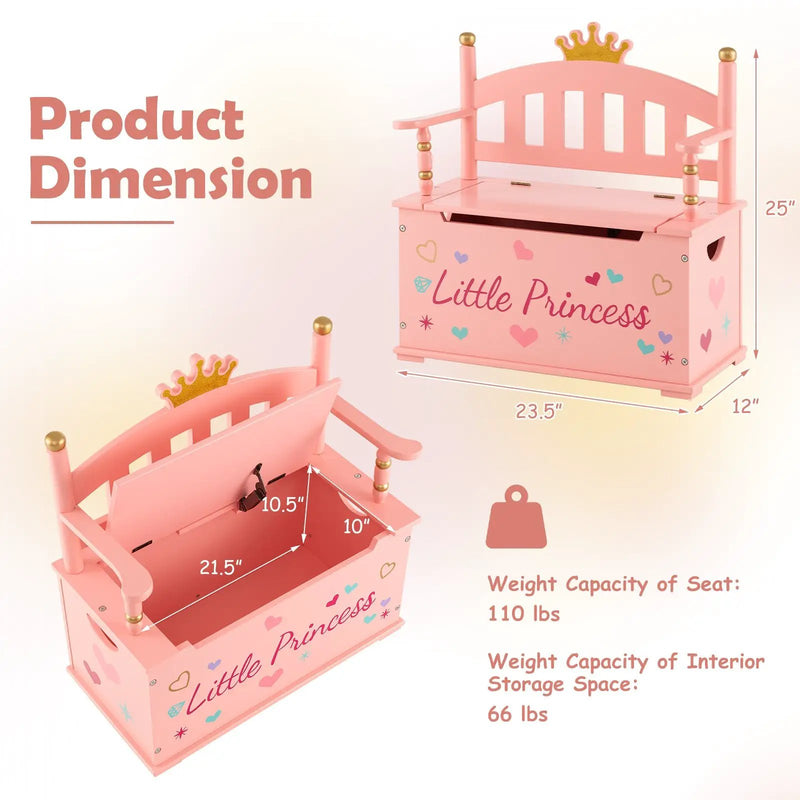 2-In-1 Kids Princess Wooden Toy Box with Safe Hinged Lid-Pink by DirectDeals