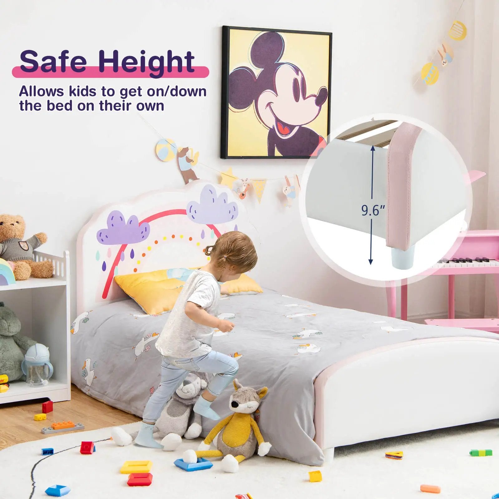 Kids Twin Size Upholstered Platform Wooden Bed with Rainbow Pattern by DirectDeals