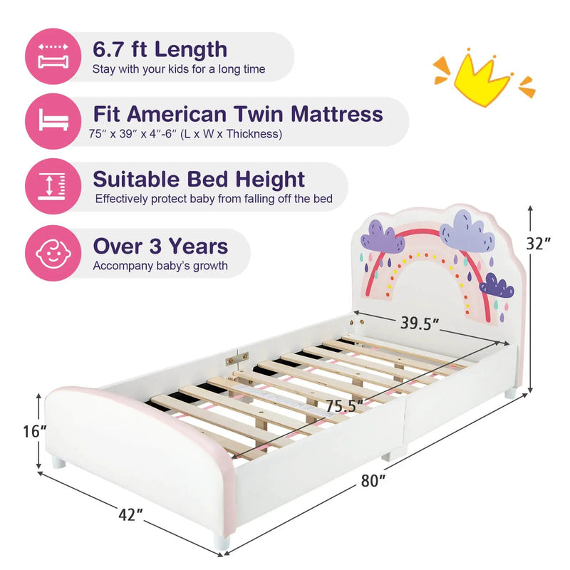 Kids Twin Size Upholstered Platform Wooden Bed with Rainbow Pattern by DirectDeals