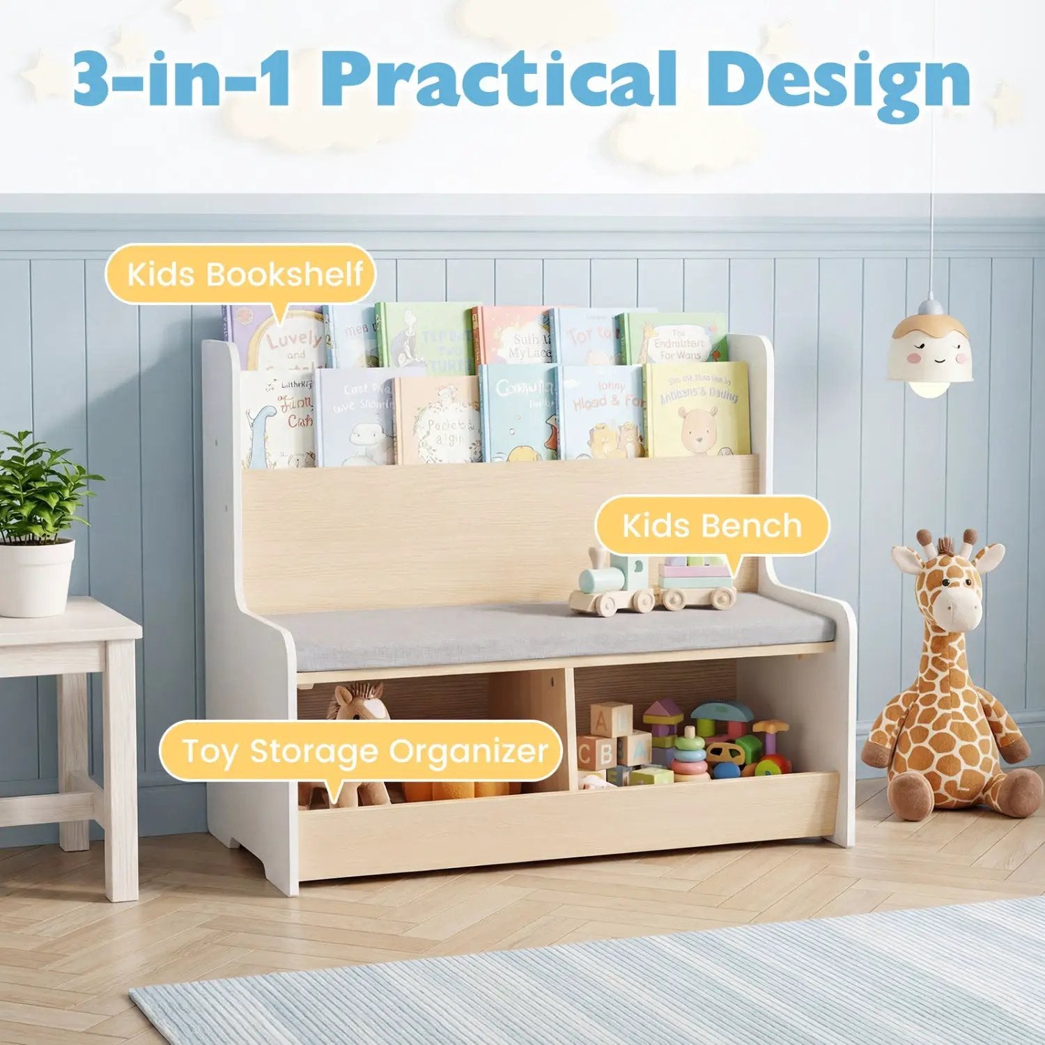 Kids Reading Nook with Bench Bookshelf and 2 Cubbies by DirectDeals