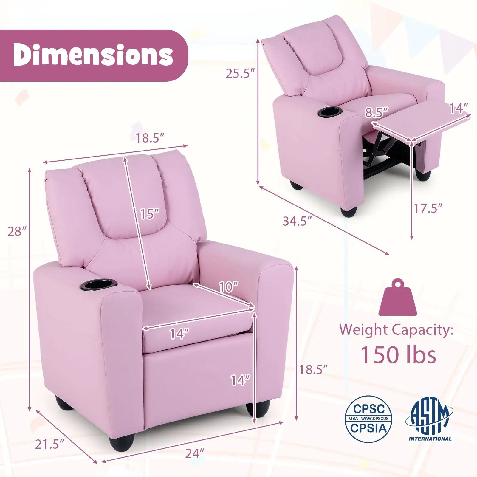 Kids Recliner Chair Push Back Toddler Reclining Armchair with Cup Holder by DirectDeals