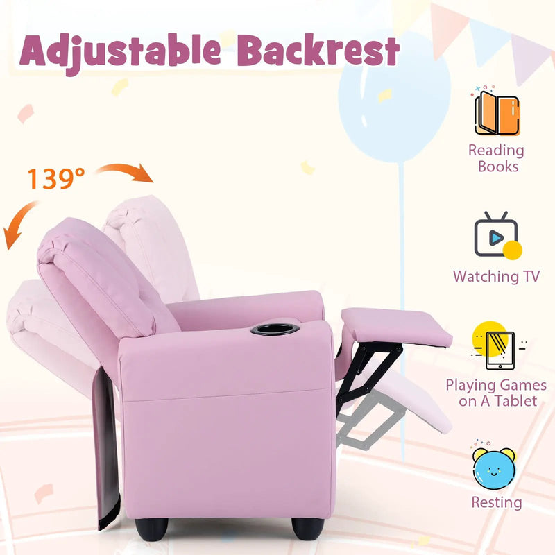 Kids Recliner Chair Push Back Toddler Reclining Armchair with Cup Holder by DirectDeals
