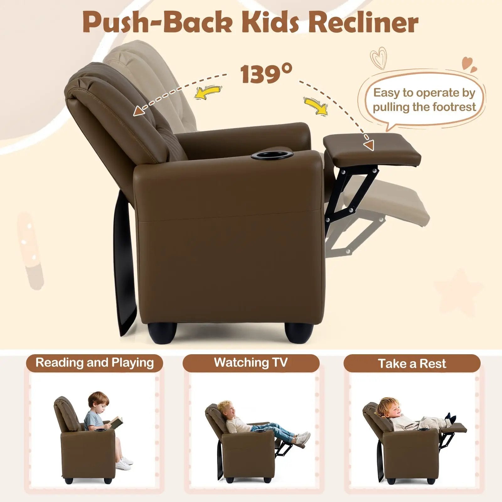 Kids Recliner Chair Push Back Toddler Reclining Armchair with Cup Holder by DirectDeals