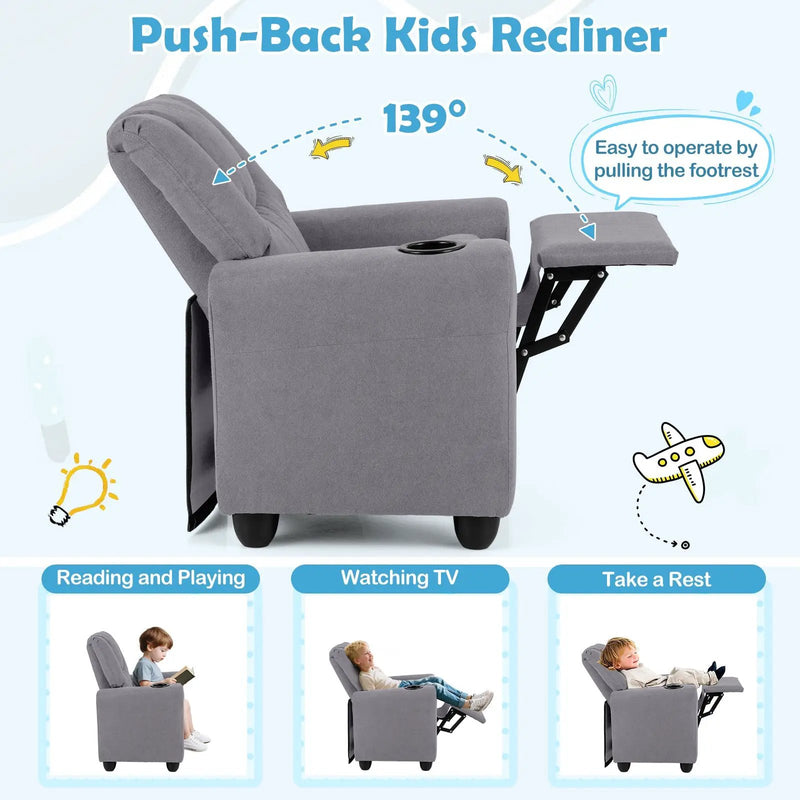 Kids Recliner Chair Push Back Toddler Reclining Armchair with Cup Holder by DirectDeals