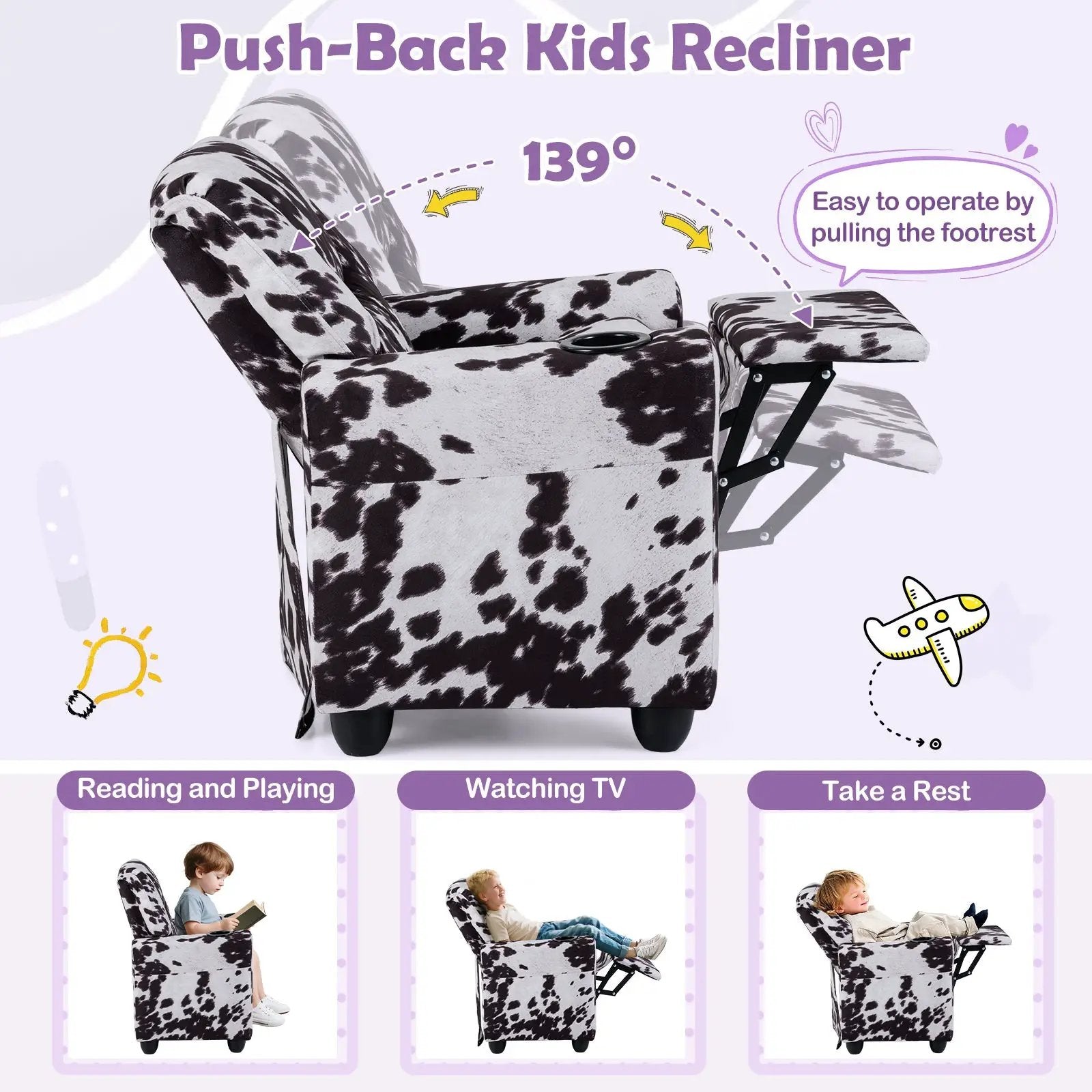 Kids Recliner Chair Push Back Toddler Reclining Armchair with Cup Holder by DirectDeals