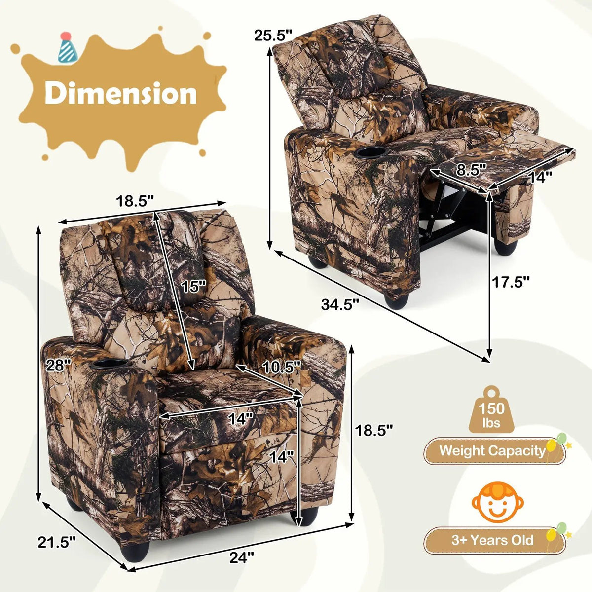 Kids Recliner Chair Push Back Toddler Reclining Armchair with Cup Holder by DirectDeals