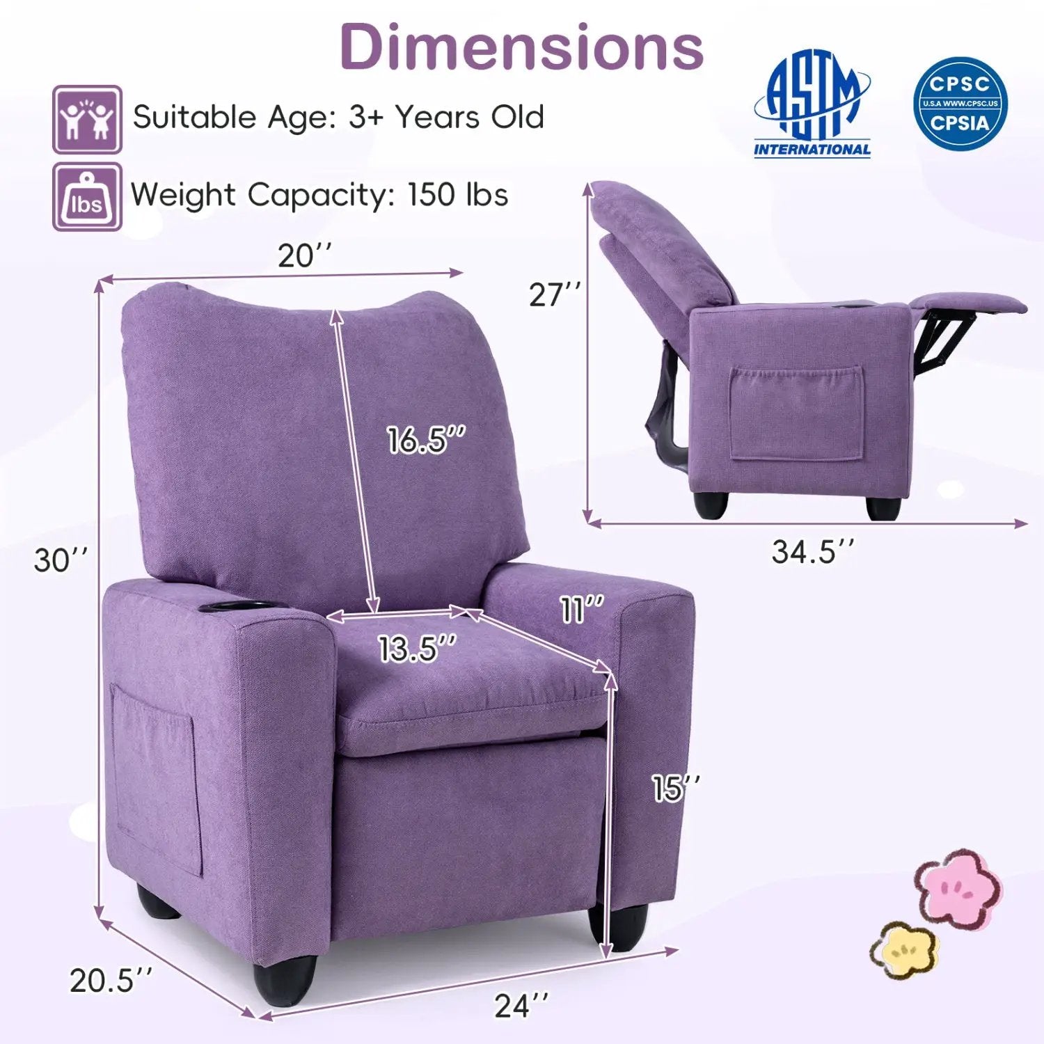Kids Recliner Sofa with Adjustable Footrest and Cup Holder by DirectDeals