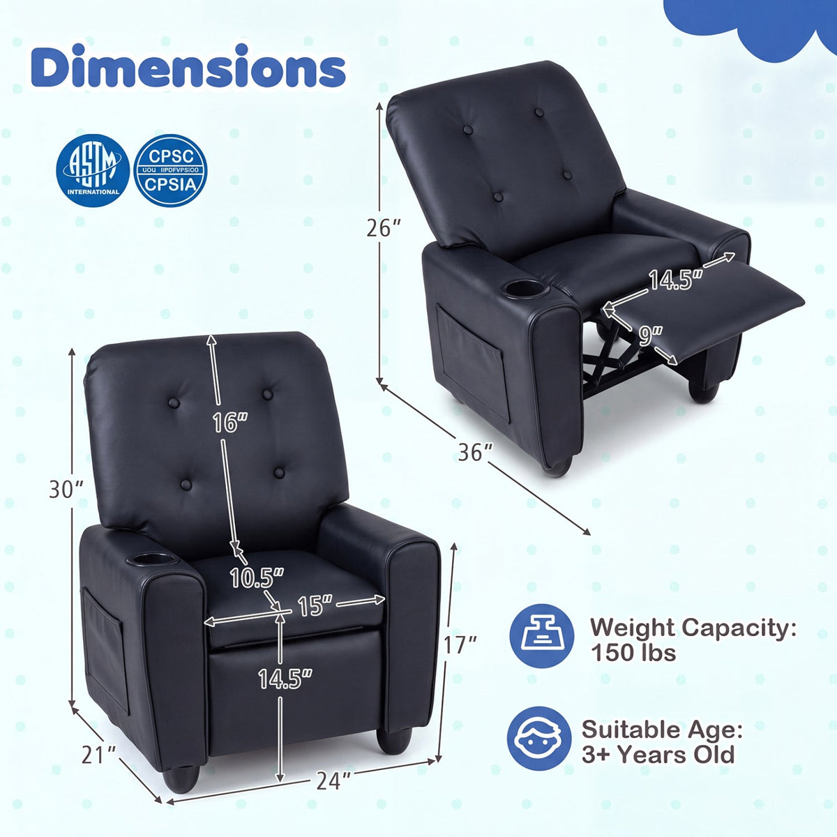 Kids Recliner Chair with Cup Holder & Adjustable Backrest, photo 4 of 10