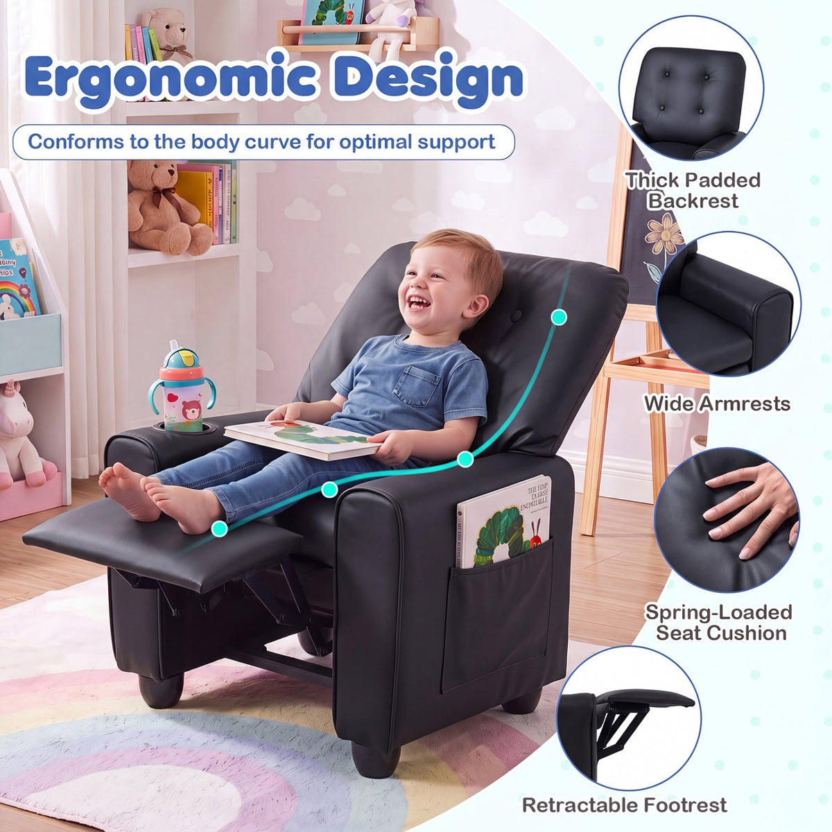 Kids Recliner Chair with Cup Holder & Adjustable Backrest, photo 7 of 10
