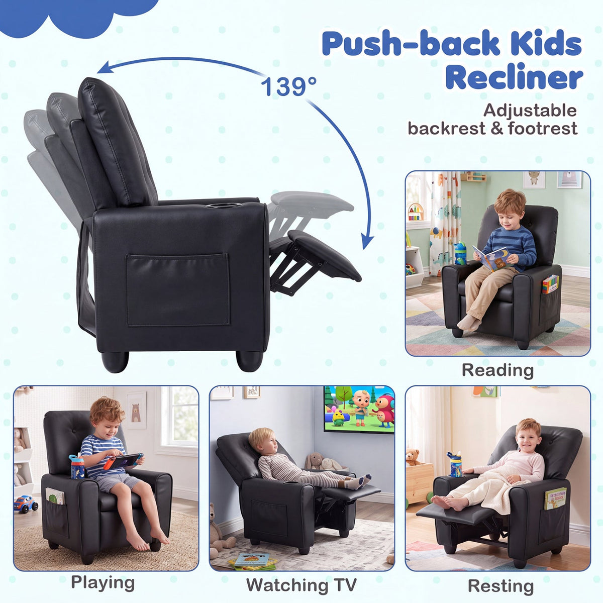 Kids Recliner Chair with Cup Holder & Adjustable Backrest, photo 8 of 10