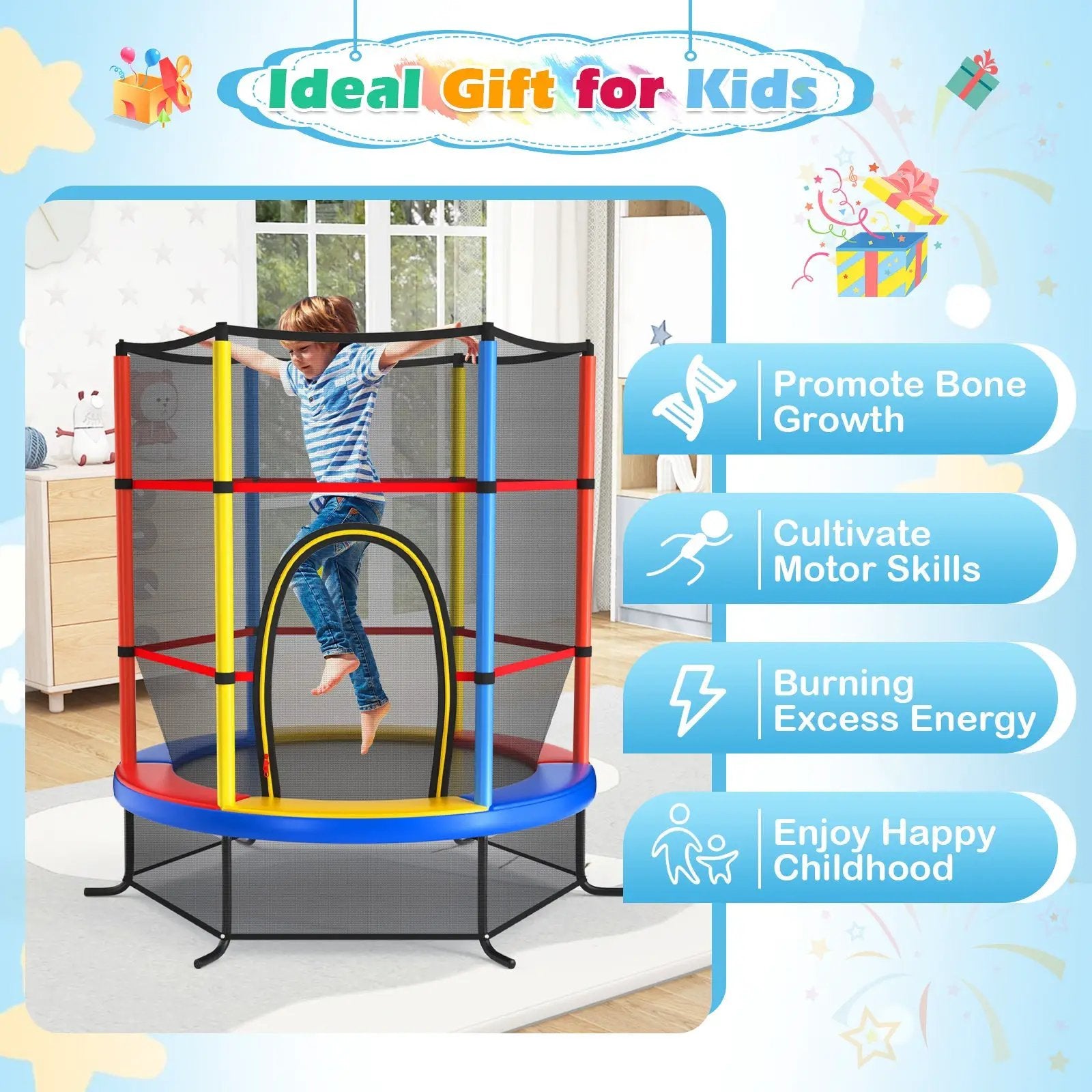 55 Inch Kids Recreational Trampoline Bouncing Jumping Mat with Enclosure Net by DirectDeals