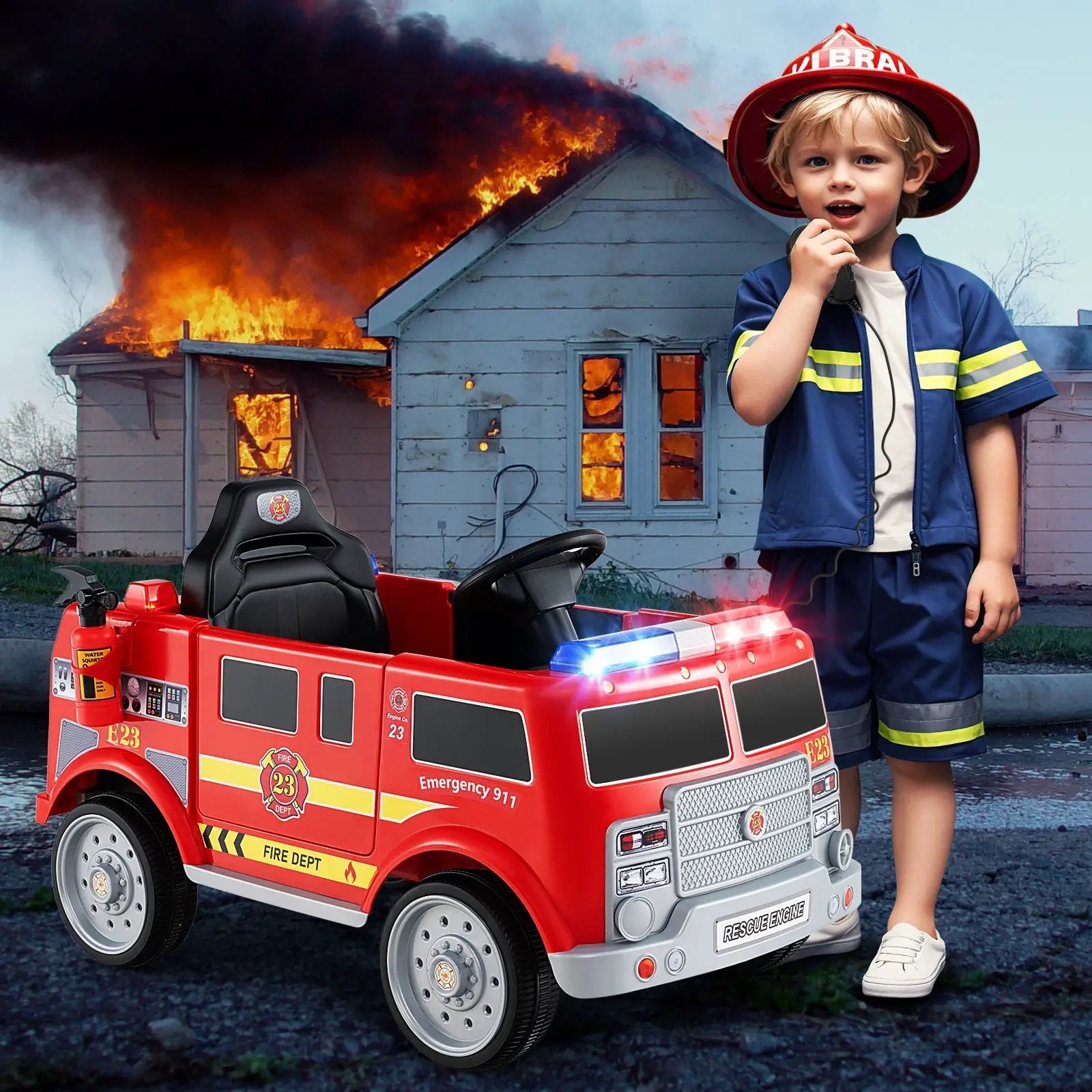 Kids Ride on Fire Truck with Remote Control and Extinguisher-Red by DirectDeals