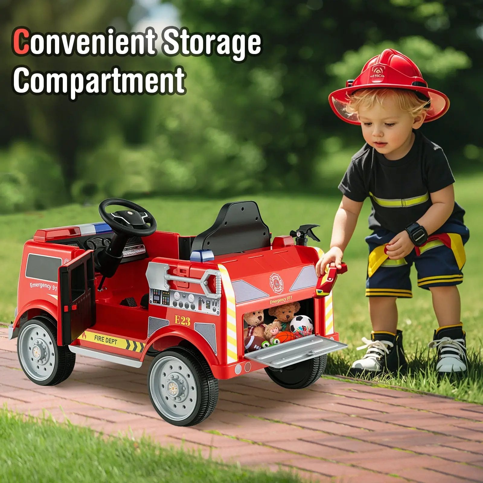 Kids Ride on Fire Truck with Remote Control and Extinguisher-Red by DirectDeals