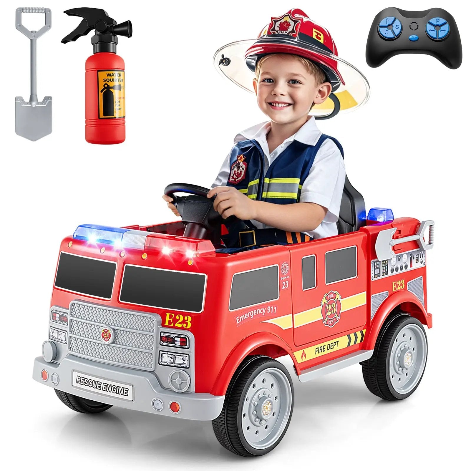 Kids Ride on Fire Truck with Remote Control and Extinguisher-Red by DirectDeals