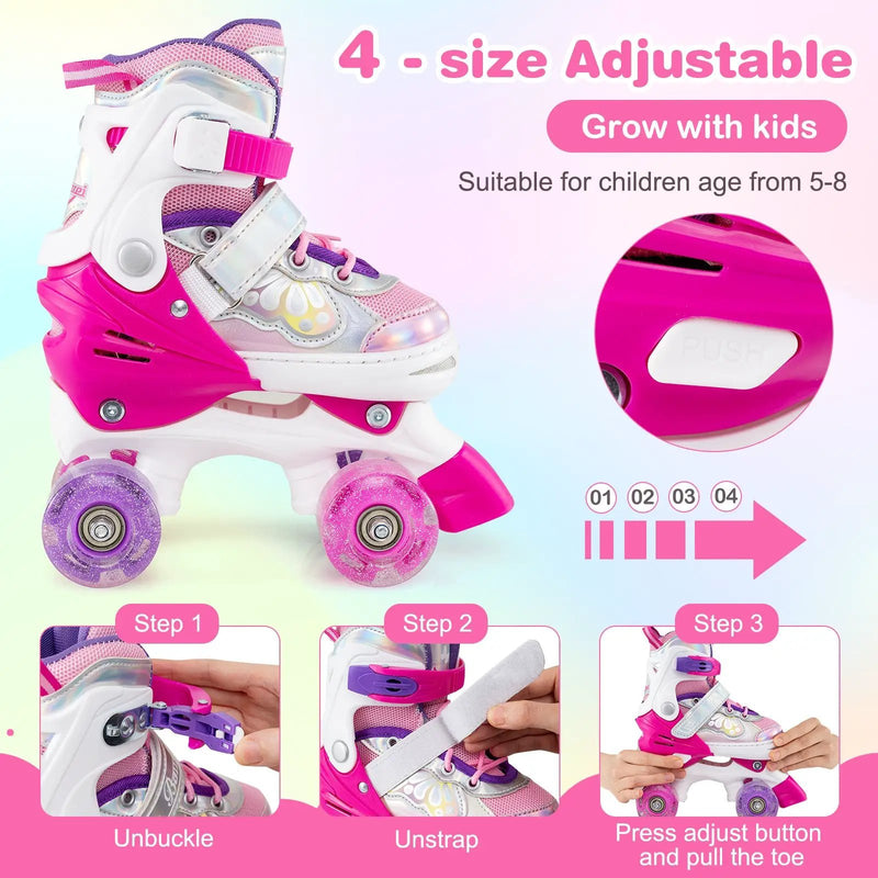 Kids Roller Skates 4 Sizes Adjustable Quad Skates with Light-up Wheels and Safety Protection by DirectDeals