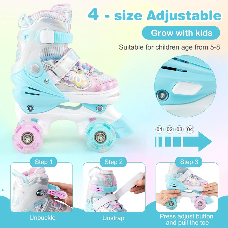 Kids Roller Skates 4 Sizes Adjustable Quad Skates with Light-up Wheels and Safety Protection by DirectDeals