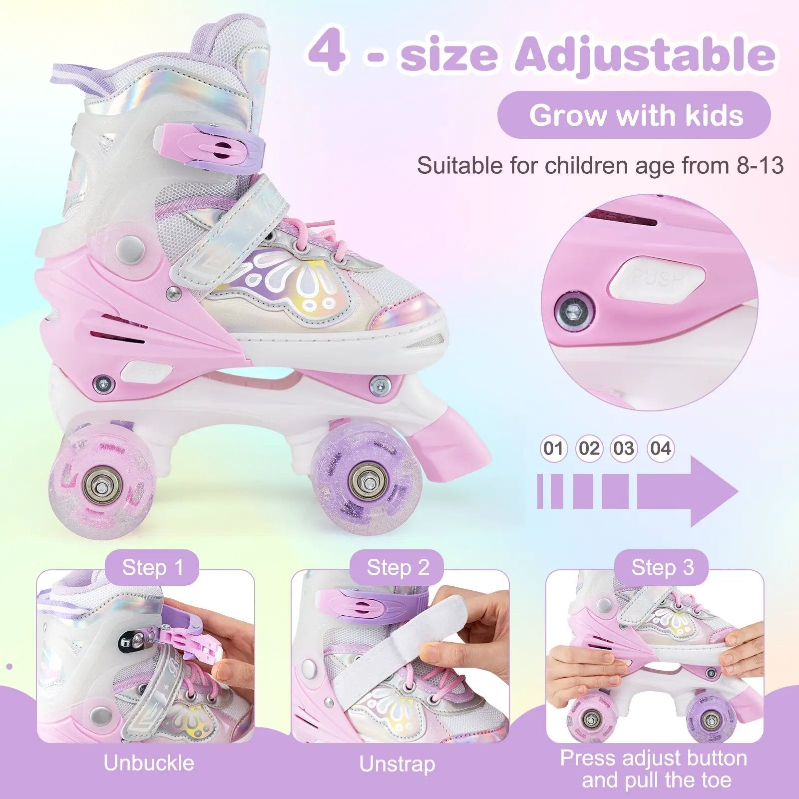 Kids Roller Skates 4 Sizes Adjustable Quad Skates with Light-up Wheels by DirectDeals