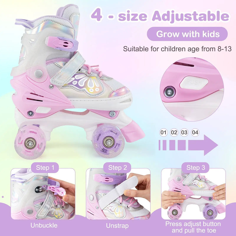 Kids Roller Skates 4 Sizes Adjustable Quad Skates with Light-up Wheels by DirectDeals