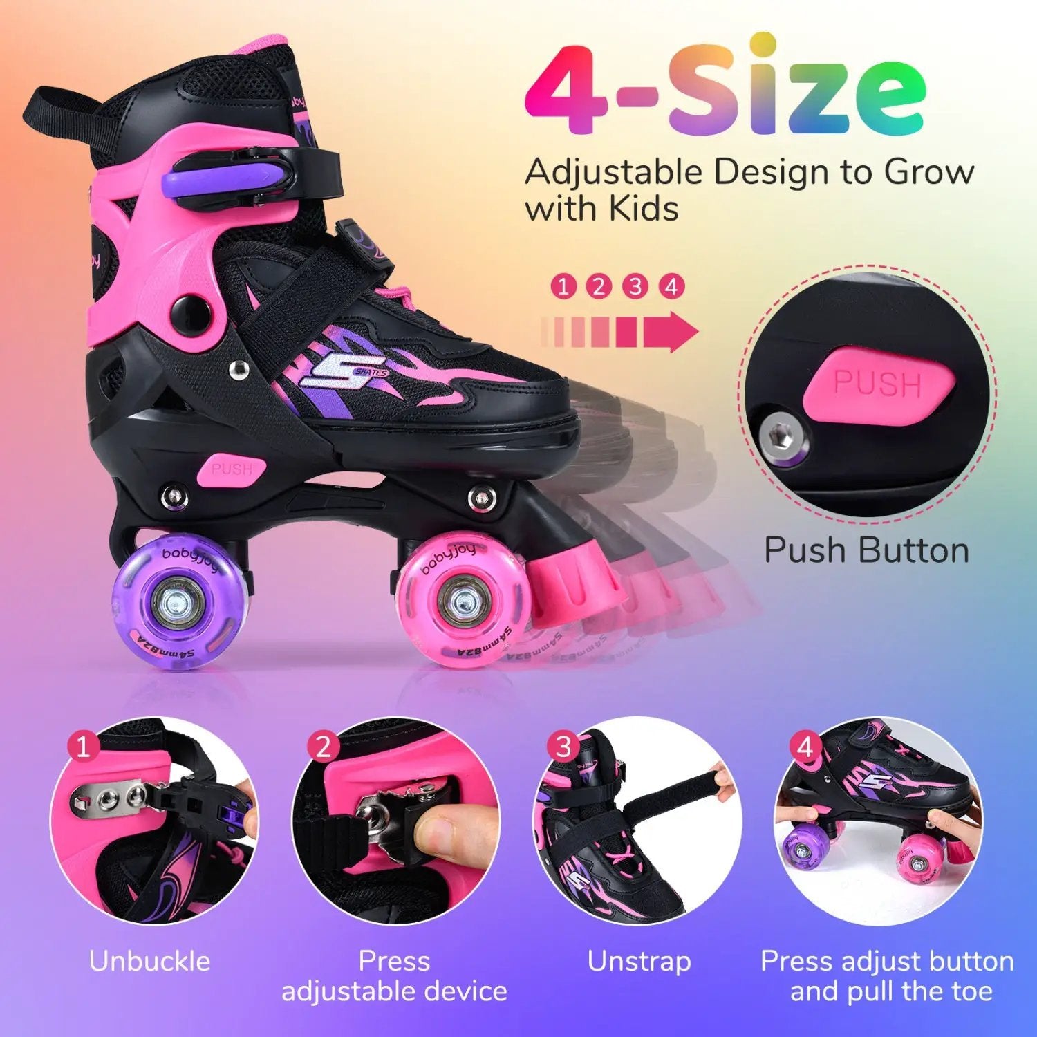 Kids Roller Skates for Girls Boys 4 Sizes Adjustable Quad Skates with Light-up Wheels by DirectDeals