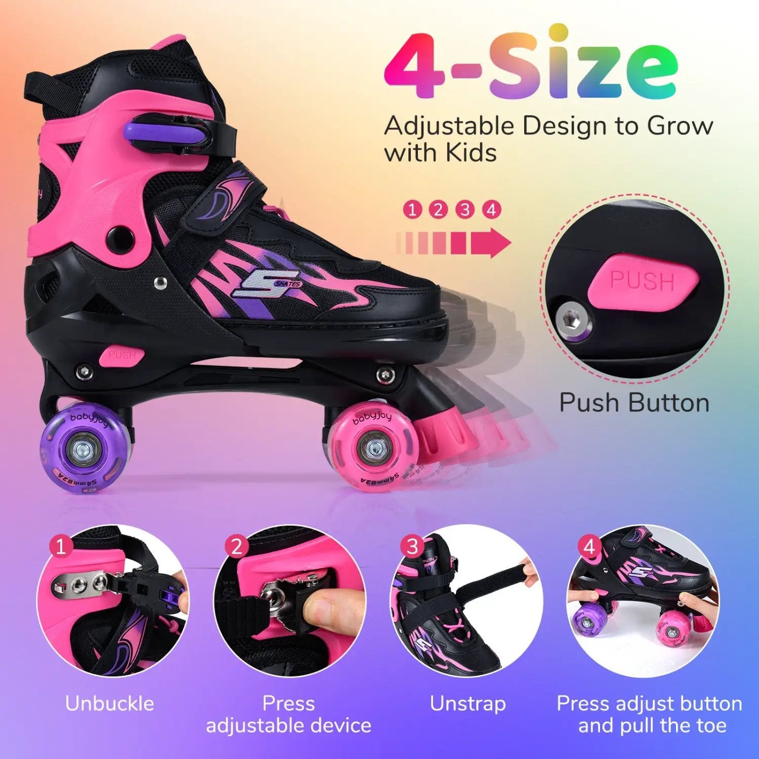 Kids Roller Skates for Girls Boys Teens 4 Sizes Adjustable Quad Skates with Light-up Wheels by DirectDeals
