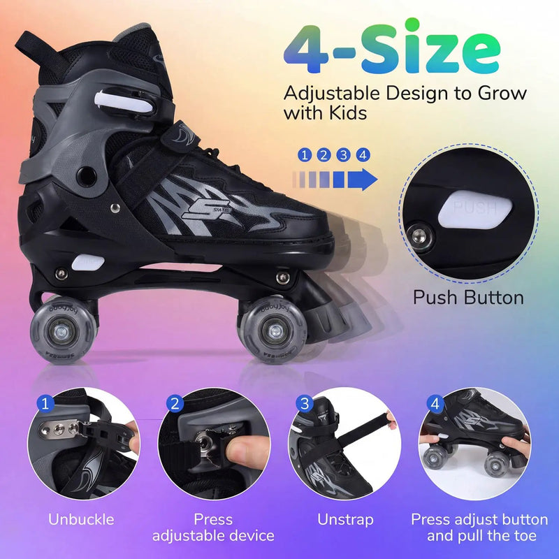 Kids Roller Skates for Girls Boys Teens 4 Sizes Adjustable Quad Skates with Light-up Wheels by DirectDeals