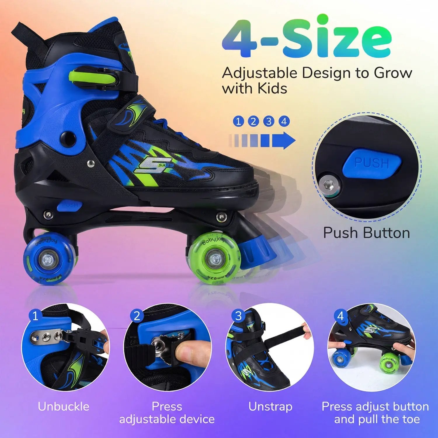 Kids Roller Skates for Girls Boys Teens 4 Sizes Adjustable Quad Skates with Light-up Wheels by DirectDeals
