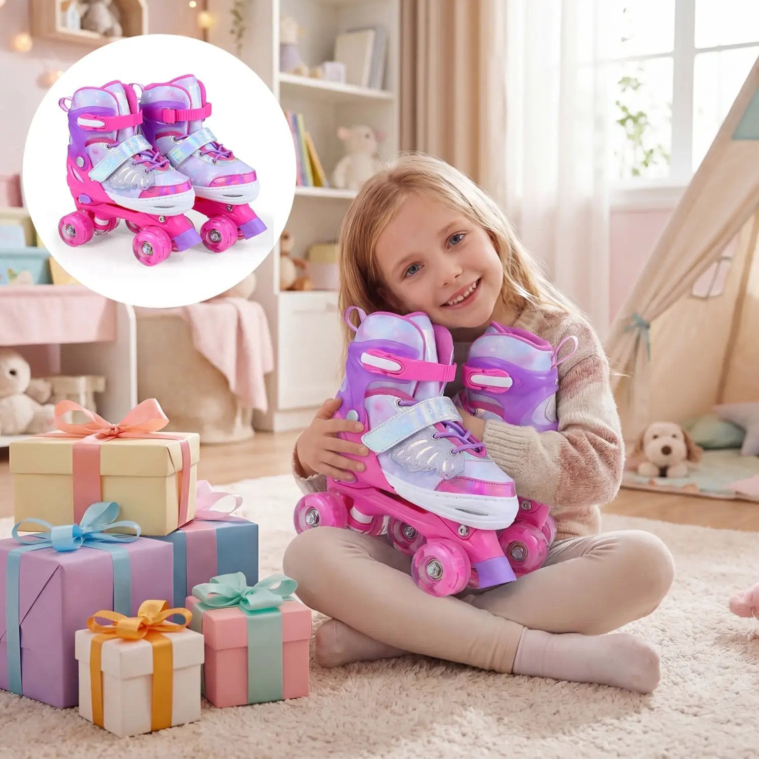 Kids Roller Skates for Toddlers Ages 7-9 with 4 Light up Wheels by DirectDeals