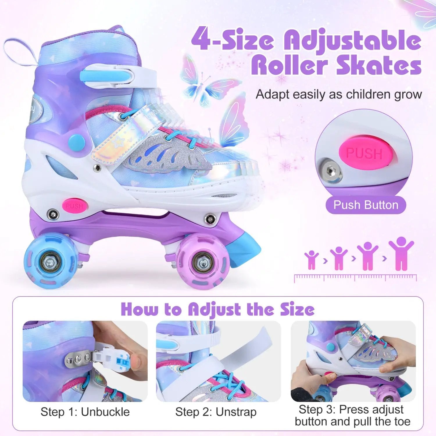 Kids Roller Skates for Toddlers Ages 7-9 with 4 Light up Wheels by DirectDeals