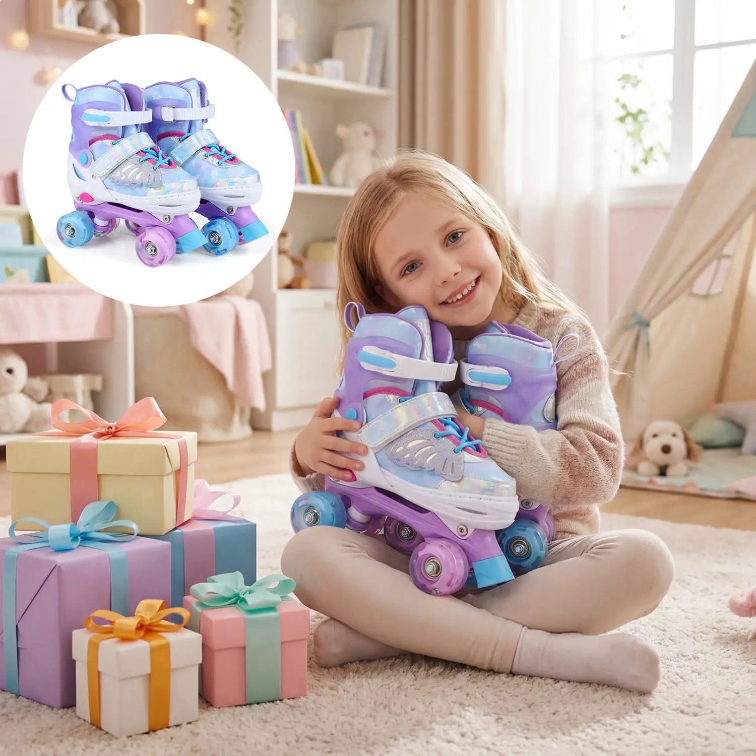 Kids Roller Skates for Toddlers Ages 7-9 with 4 Light up Wheels by DirectDeals