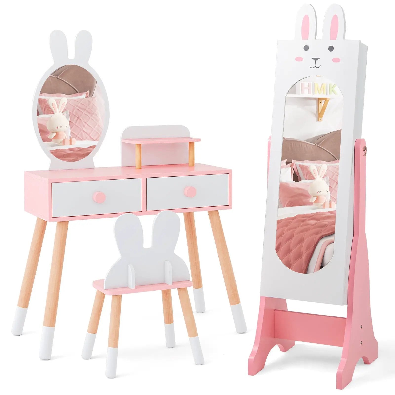 Kids Vanity Table Set with Mirror, Chair & Storage - White by DirectDeals