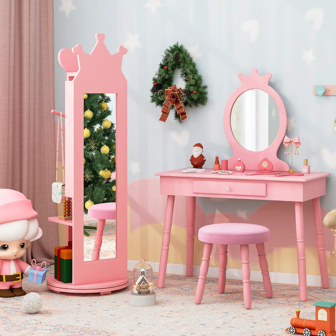 Kids Room Furniture Set Princess Vanity Table and Stool Set with Mirror and Drawer by DirectDeals