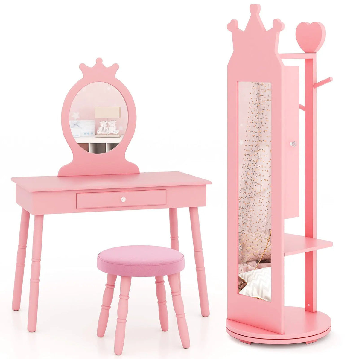 Kids Room Furniture Set Princess Vanity Table and Stool Set with Mirror and Drawer by DirectDeals