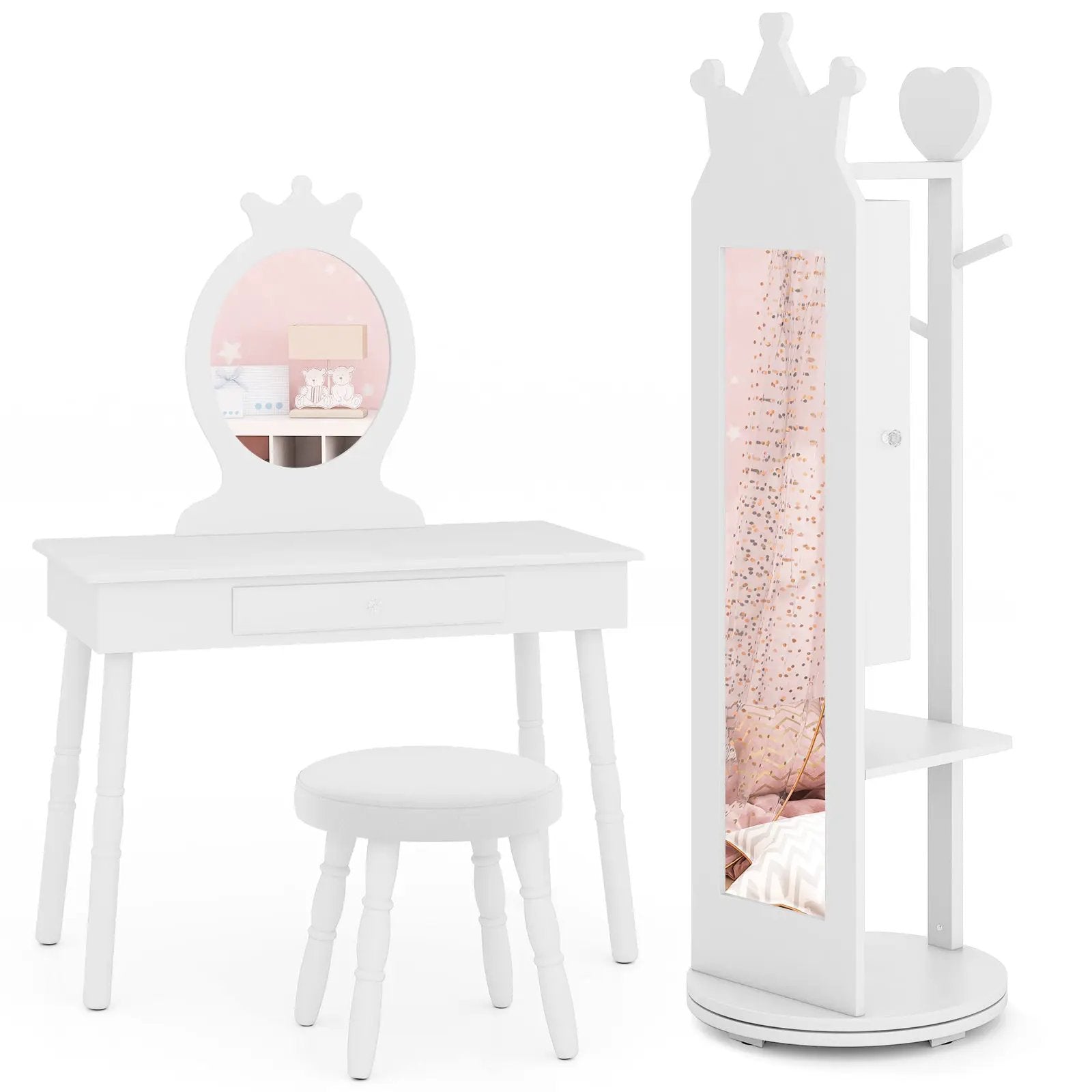 Kids Room Furniture Set Princess Vanity Table and Stool Set with Mirror and Drawer by DirectDeals